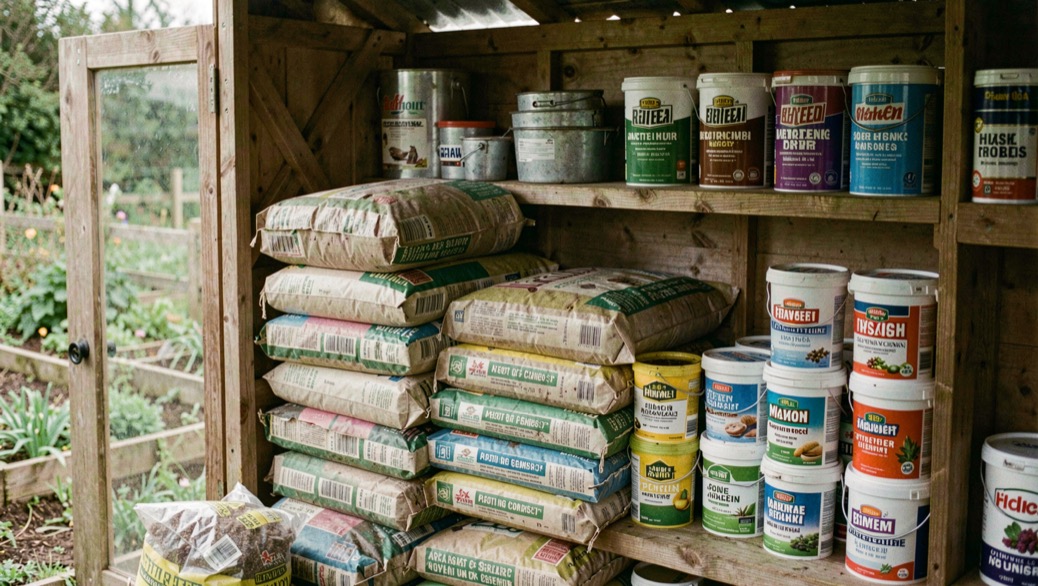 Stacked bags of potting compost and a shelf of fertiliser tubs inside a wooden garden store.