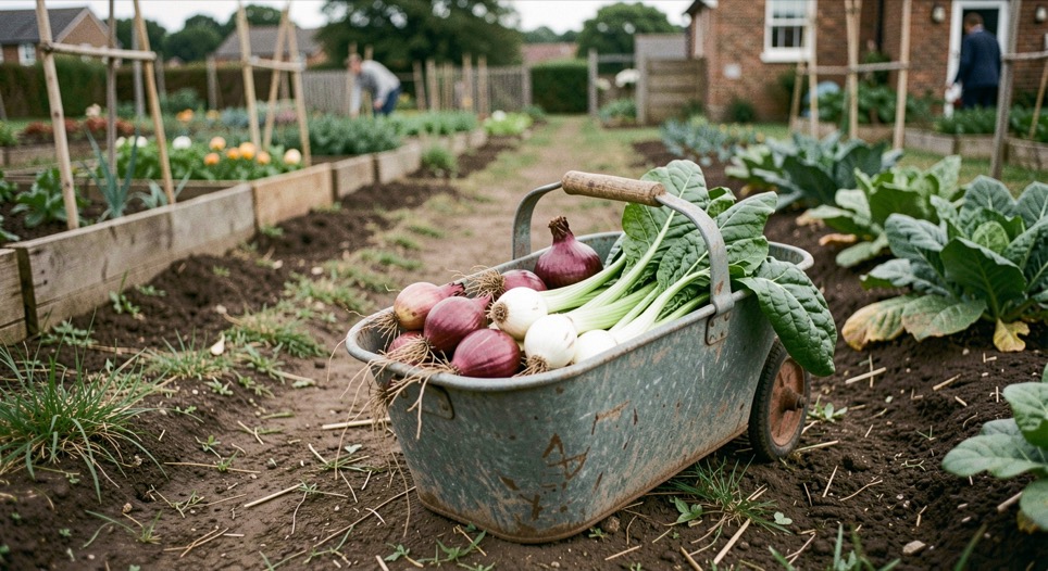 A trug of freshly lifted onions, beans and chard set down at the end of a vegetable bed.