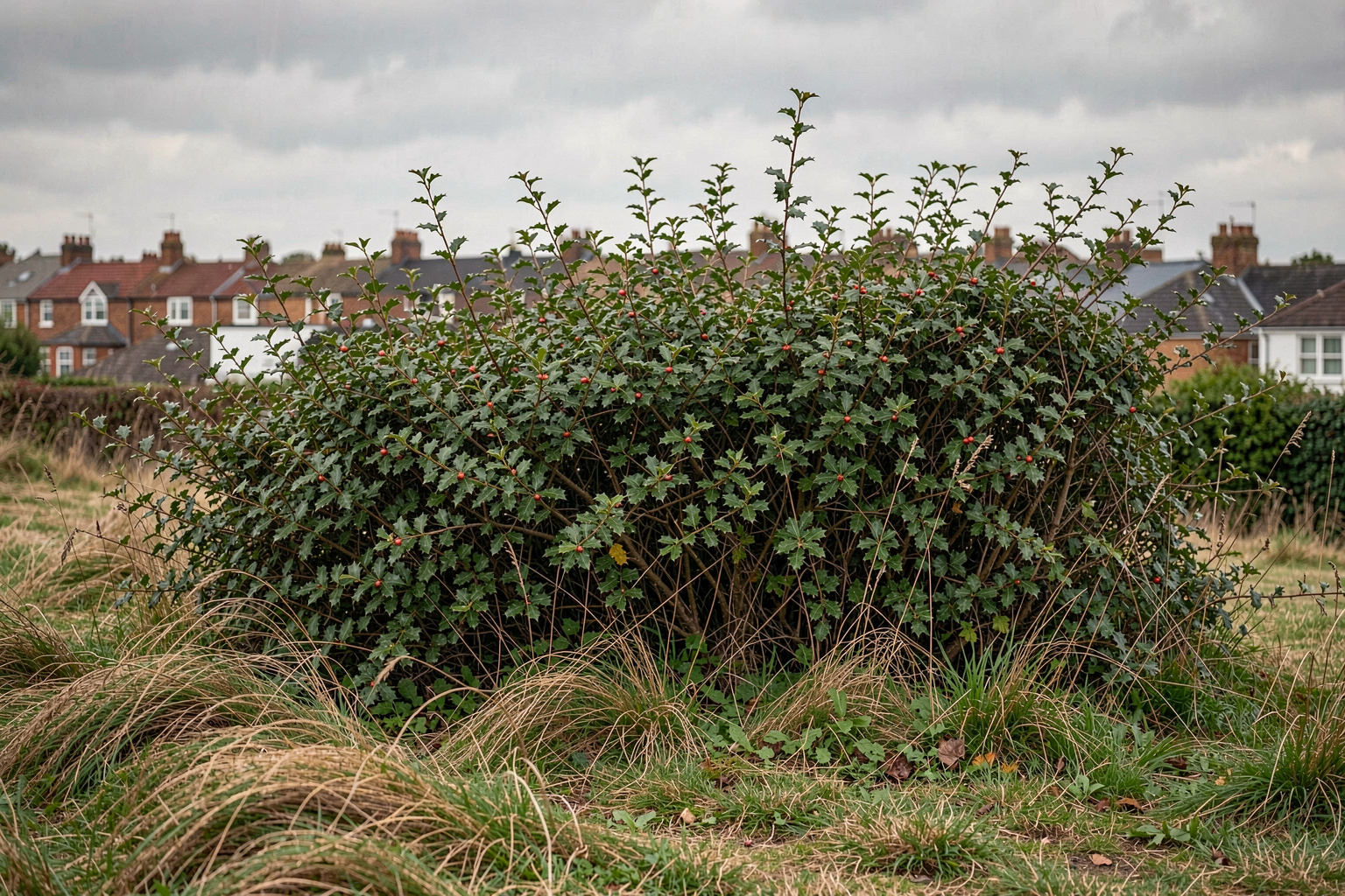 A mixed thorn hedge on the open edge of a plot, wind-bent grass in the foreground under a low grey sky.