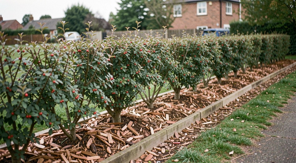 A row of young berried hedging plants mulched with bark chippings behind a wooden edging board, houses beyond.