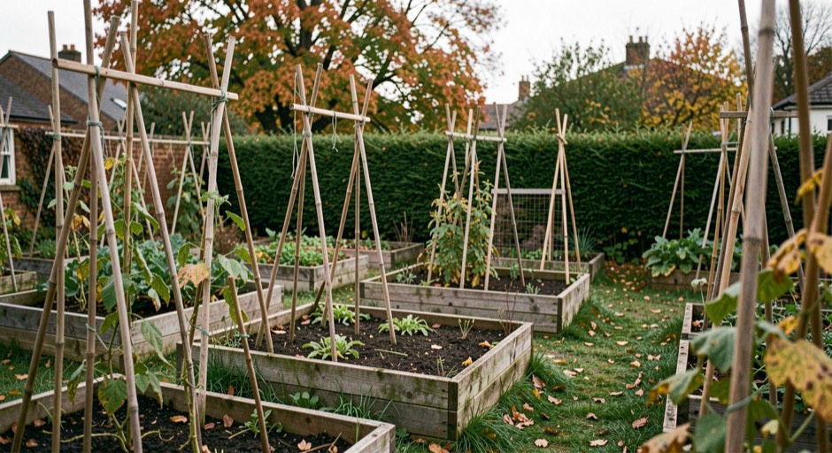 A row of allotment plots on a still autumn morning, bean poles and a low hedge behind them.