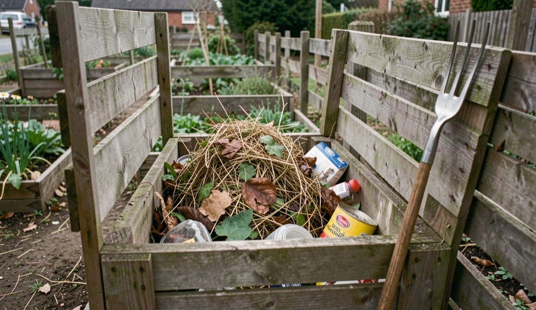An open wooden compost bay half filled with leaves, straw and kitchen waste, a fork leaning against it.