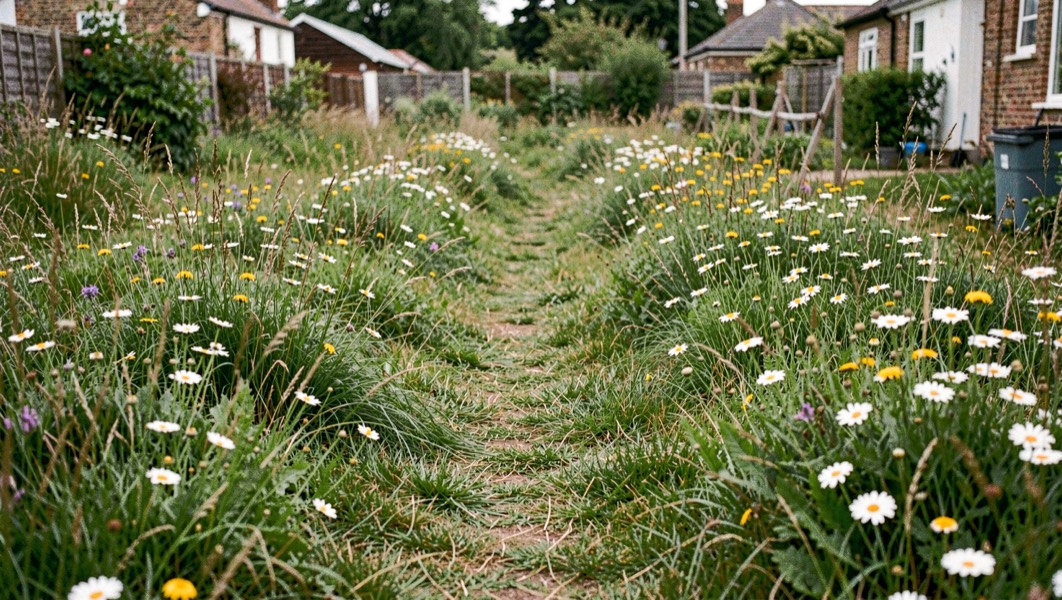 A small sown meadow of fine grasses and ox-eye daisies with a mown path cut through it.