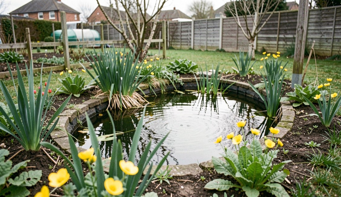 A small garden pond with gently sloping planted edges, marsh marigold flowering at the margin.