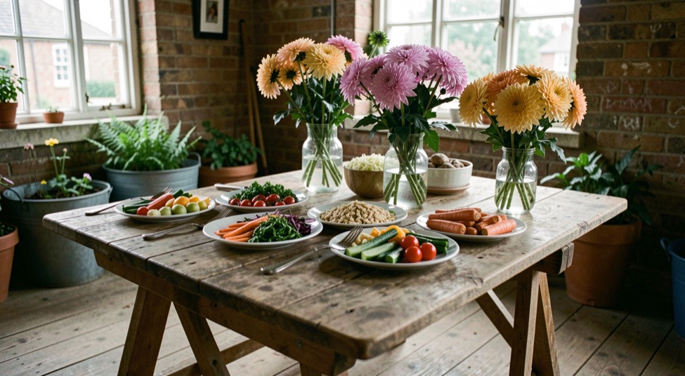 A trestle table in a hall set with plates of vegetables and vases of dahlias for judging.
