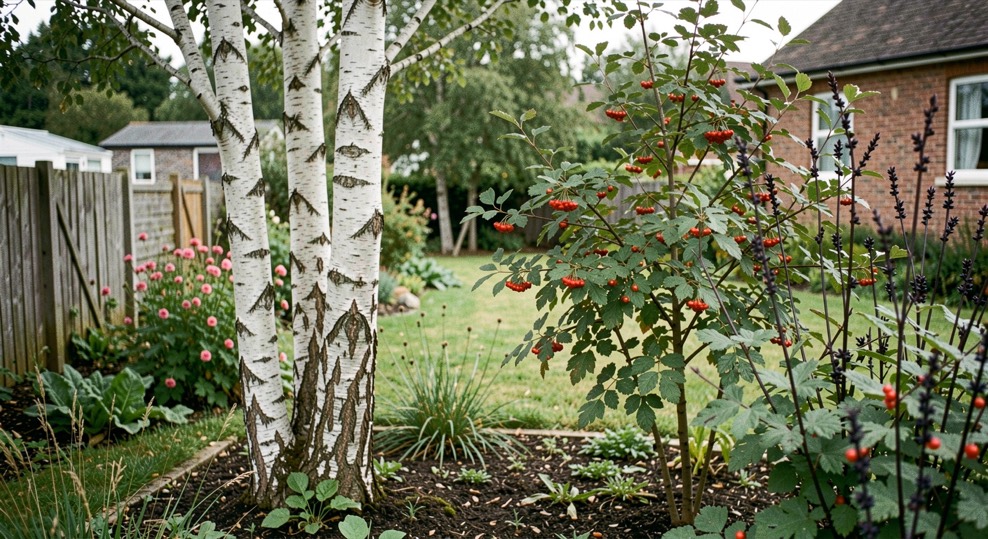 A silver birch and a rowan planted among dogwood and blackthorn at the edge of a plot.