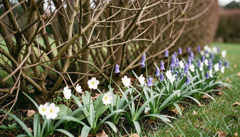 Bluebells and white spring flowers in bloom in the shade at the foot of a bare-stemmed hedge.