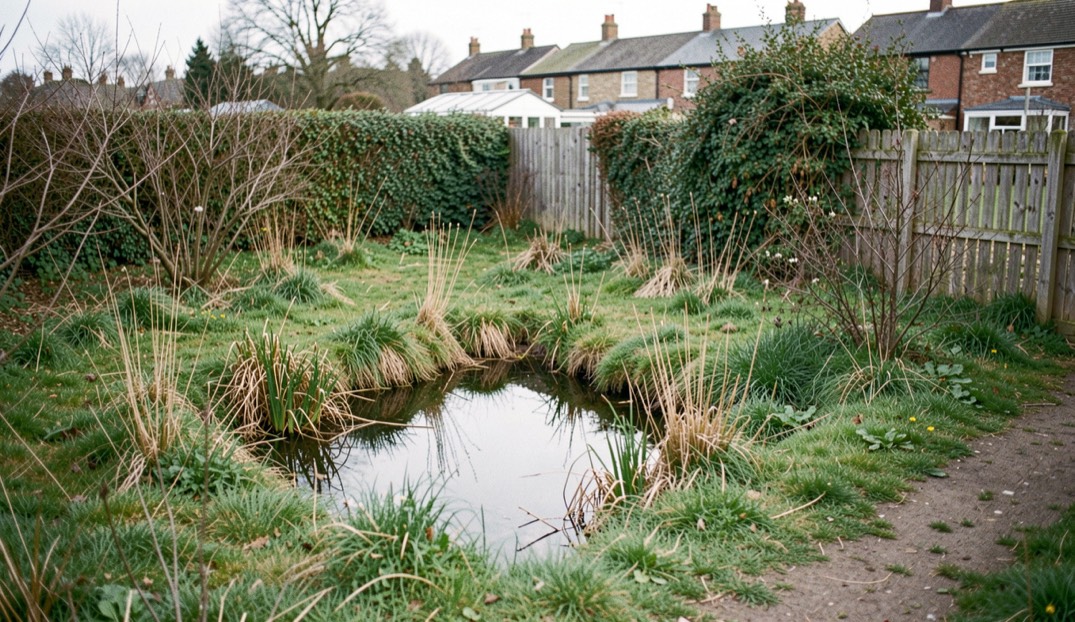 A corner of an allotment left to grow wild, with a small pond, long grass and a bramble patch.